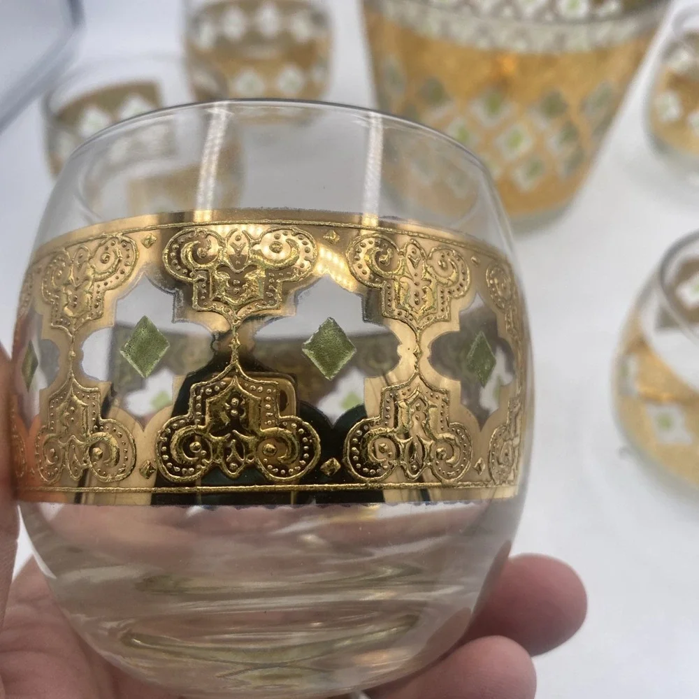 VTG Culver Green 22K Gold VALENCIA Ice bowl & Roly Poly Glasses BAR SET MCM